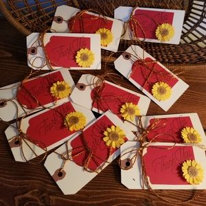 (10) Handmade Thank you tags, burnt red, bronzed accent and Sunflower